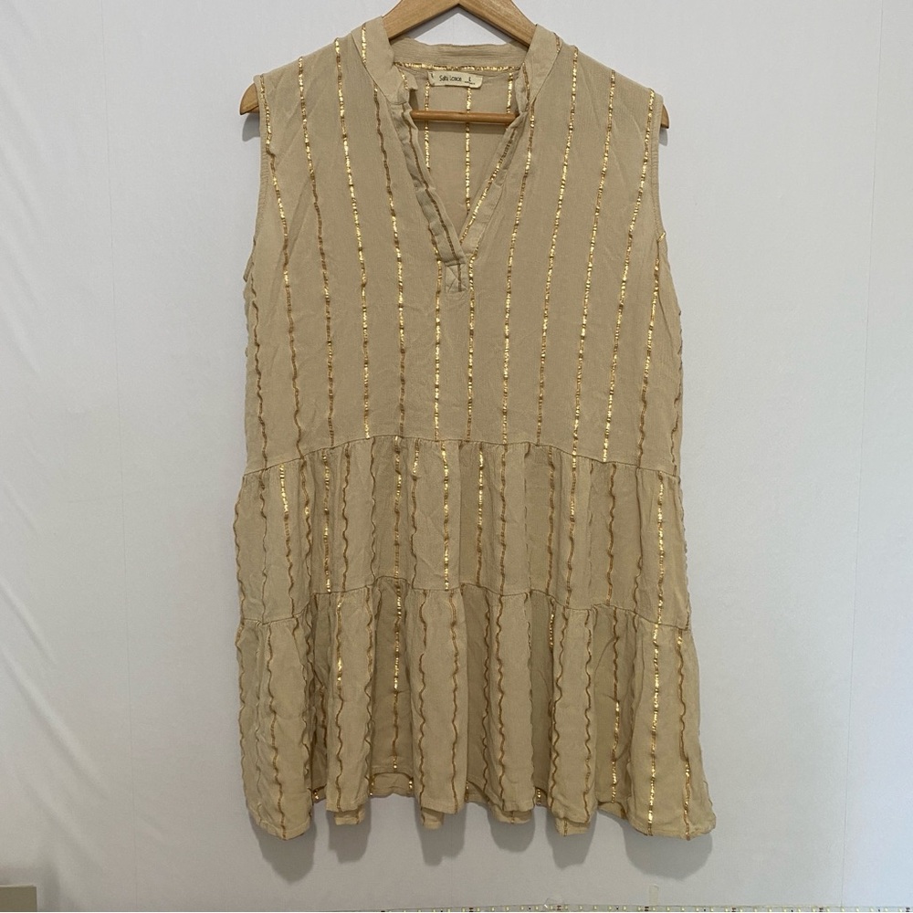 Salty Lemon Dress Size Large Tierred Short‎ Dress Beige Flowy Striped Sleeveless